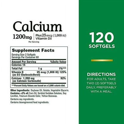 Nature's Bounty Calcium 1200mg plus Vitamin D3 25mcg (1000iu) | Supports Bone Health | 120 Rapid Release Softgels Exp 07/2025 - Ome's Beauty Mart