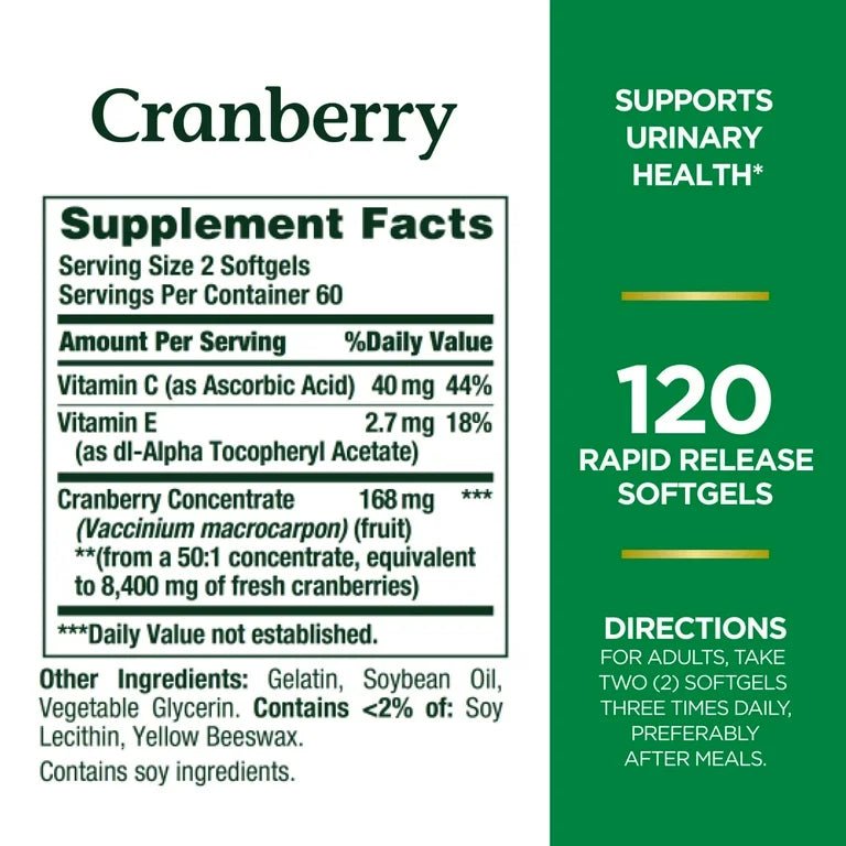 Nature's Bounty Cranberry 4200mg with Vitamin C & E | For Men & Women | Supports Urinary Health | 120 Rapid Release Softgels Exp 04/2025 - Ome's Beauty Mart