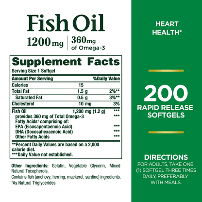 Nature's Bounty Fish Oil 1200 mg | Supports Heart Health | 360 mg Omega-3 | 200 Rapid Release Softgels Exp 03/2025 - Ome's Beauty Mart