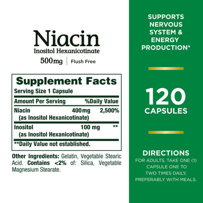 Nature’s Bounty Flush - Free Niacin 500mg (Vitamin B3)| Supports Nervous System & Energy Production | For Energy Metabolism | 120 Capsules Exp 04/2026 - Ome's Beauty Mart