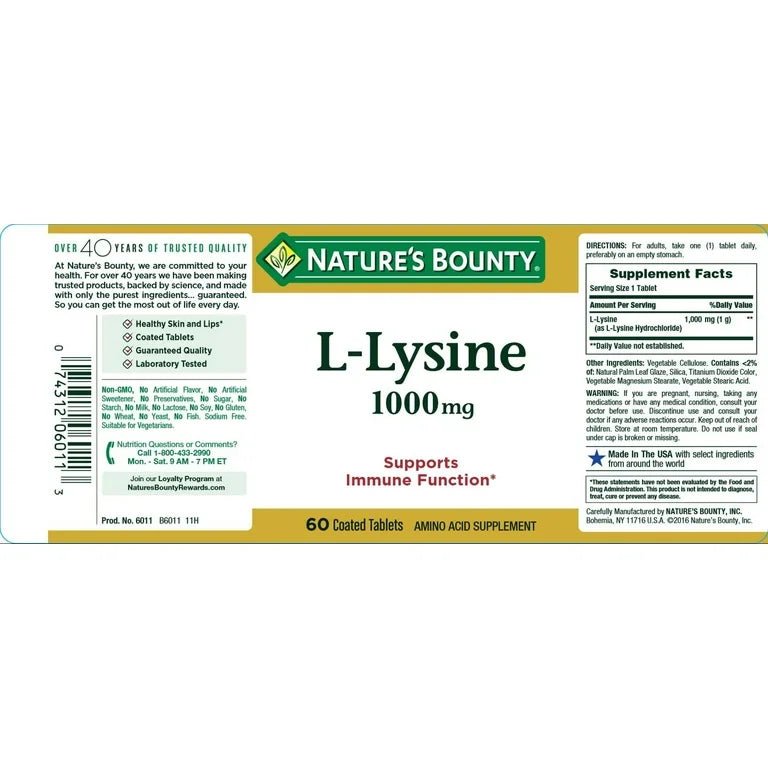 Nature's Bounty L - Lysine 1000mg | Supports Immune Function | Healthy Skin and Lips | 60 Coated Tablets Exp 10/2026 - Ome's Beauty Mart