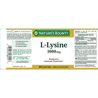 Nature's Bounty L - Lysine 1000mg | Supports Immune Function | Healthy Skin and Lips | 60 Coated Tablets Exp 10/2026 - Ome's Beauty Mart