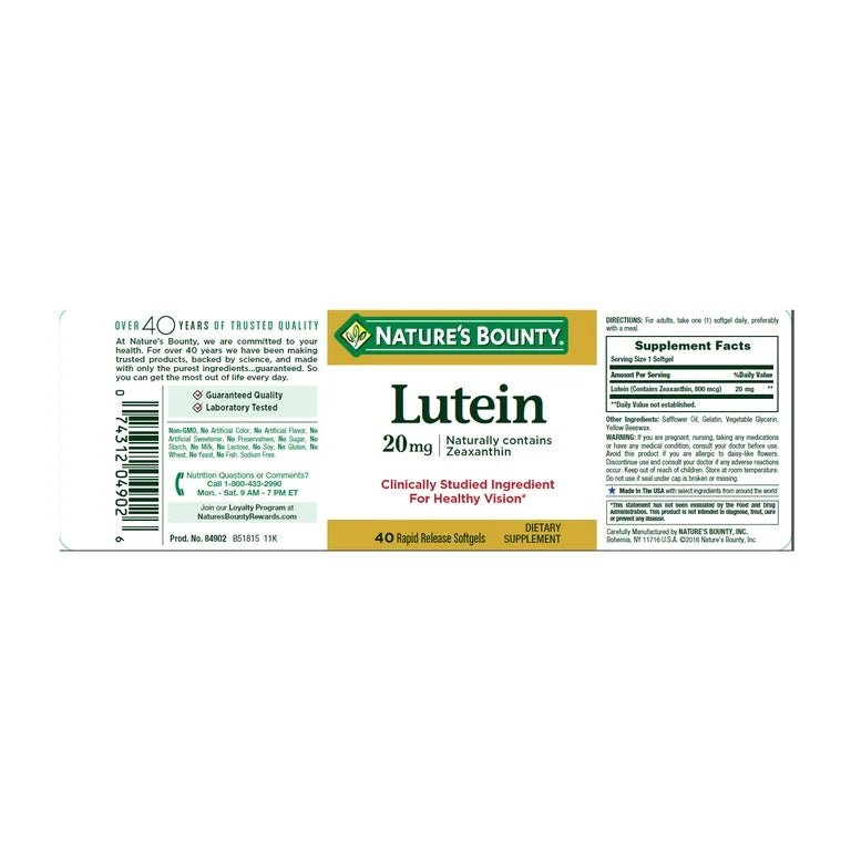 Nature’s Bounty Lutein 20mg | For Healthy Vision | 40 Rapid Release Softgels Exp 04/2025 - Ome's Beauty Mart