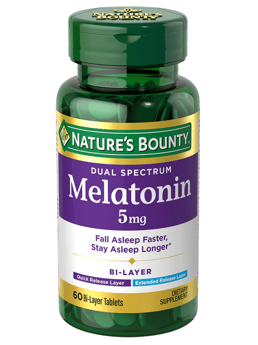 Nature's Bounty Melatonin 5mg Dual Spectrum | 100% Drug - Free Sleep Aid | Quick Release Layer and Extended Release Layer | Promotes Relaxation and Sleep Health | 60 Bi - Layer Tablets Exp 07/2025 - Ome's Beauty Mart