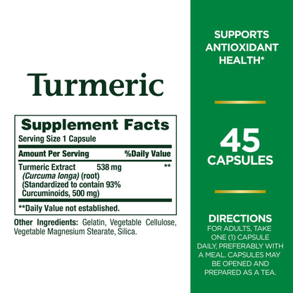 Nature's Bounty Turmeric 538mg Turmeric Curcumin | Antioxidant Support | 45 Capsules Exp 02/2025 - Ome's Beauty Mart