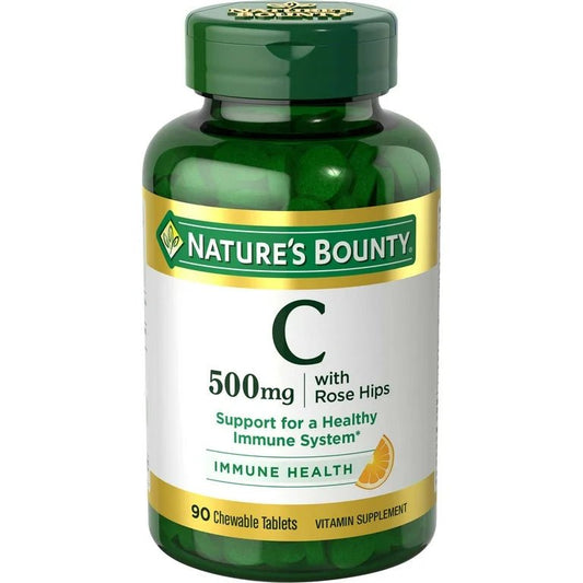 Nature's Bounty Vitamin C 500 Mg Chewable Tablets with Rose Hips | Supports Immune Health and Glowing Skin | 90 Chewable Tablets Exp 05/2025 - Ome's Beauty Mart