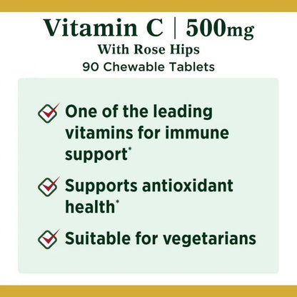 Nature's Bounty Vitamin C 500 Mg Chewable Tablets with Rose Hips | Supports Immune Health and Glowing Skin | 90 Chewable Tablets Exp 05/2025 - Ome's Beauty Mart