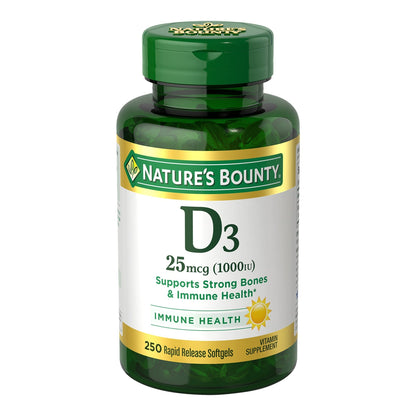 Nature's Bounty Vitamin D3 25mcg (1000iu) | Immune Support, Helps Maintain Healthy Bones & Hormones | 250 Rapid Release Softgels Exp 07/2026 - Ome's Beauty Mart