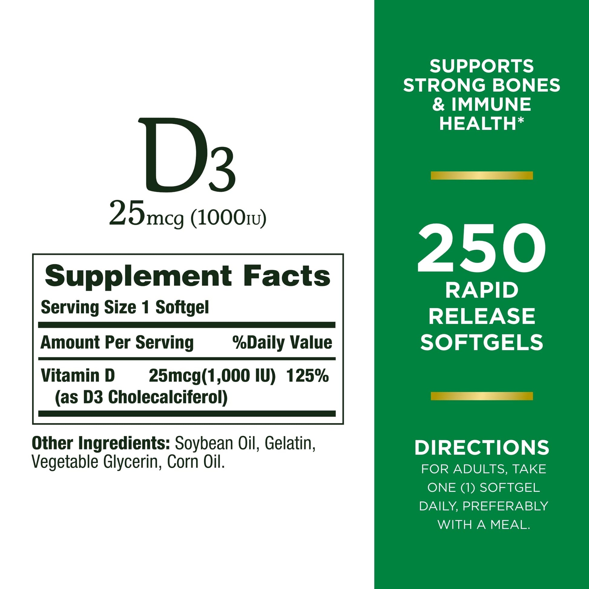 Nature's Bounty Vitamin D3 25mcg (1000iu) | Immune Support, Helps Maintain Healthy Bones & Hormones | 250 Rapid Release Softgels Exp 07/2026 - Ome's Beauty Mart