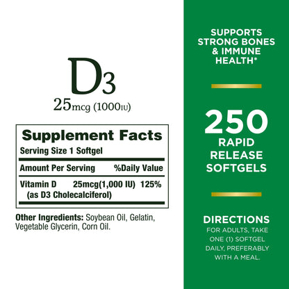 Nature's Bounty Vitamin D3 25mcg (1000iu) | Immune Support, Helps Maintain Healthy Bones & Hormones | 250 Rapid Release Softgels Exp 07/2026 - Ome's Beauty Mart