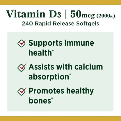 Nature's Bounty Vitamin D3 50mcg (2000iu) | Supports Strong Bones & Immune Health | Hormonal Health Support | 240 Rapid Release Softgels Exp 09/2025 - Ome's Beauty Mart