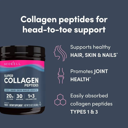 NeoCell Super Collagen Peptides Powder | 20g Collagen per Serving | Unflavored | 21.2oz (600g) Exp 08/2026 - Ome's Beauty Mart