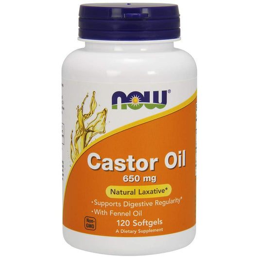 NOW Castor Oil 650 mg with Fennel Oil | Natural Laxative | Cold Pressed, Hexane-Free | 120 Softgels Exp 02/2027 - Ome's Beauty Mart