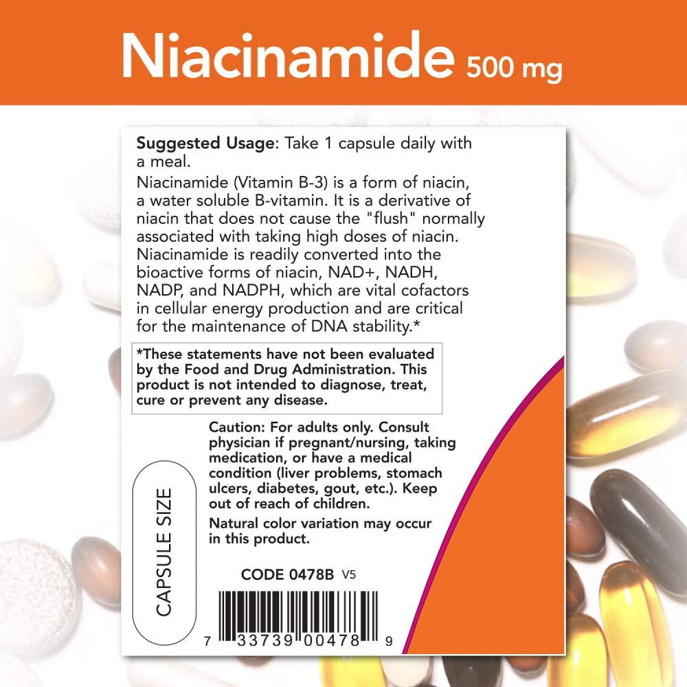 NOW Niacinamide 500 mg Vitamin B - 3 | No Flush | 100 Veg Capsules Exp 05/2028 - Ome's Beauty Mart