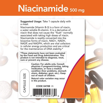 NOW Niacinamide 500 mg Vitamin B - 3 | No Flush | 100 Veg Capsules Exp 05/2028 - Ome's Beauty Mart