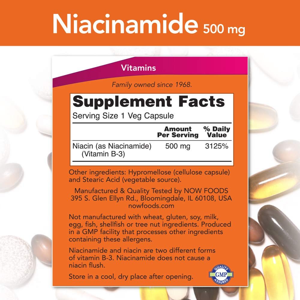 NOW Niacinamide 500 mg Vitamin B - 3 | No Flush | 100 Veg Capsules Exp 05/2028 - Ome's Beauty Mart