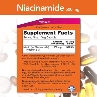 NOW Niacinamide 500 mg Vitamin B - 3 | No Flush | 100 Veg Capsules Exp 05/2028 - Ome's Beauty Mart