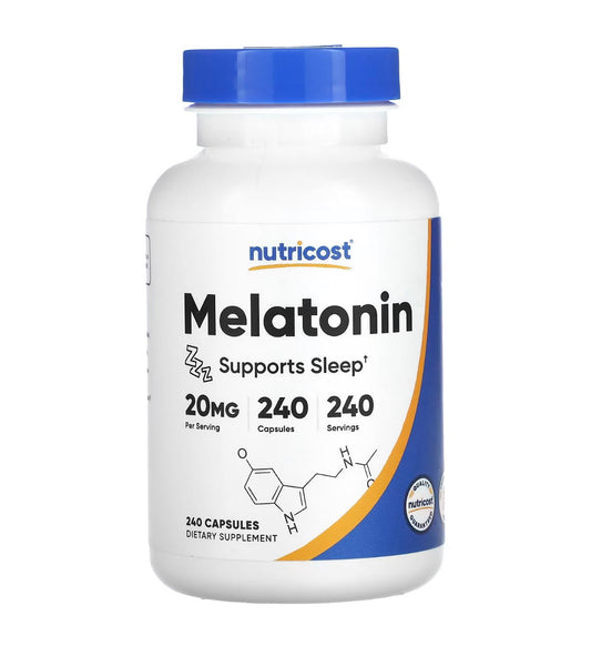 Nutricost Melatonin 20mg | 20mg per Capsule | 100% Drug - free Sleep Aid | 240 Capsules Exp 05/2027 - Ome's Beauty Mart