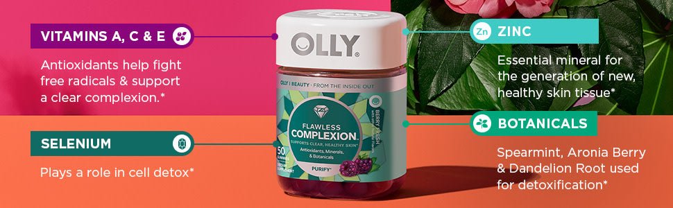 OLLY FLAWLESS COMPLEXION GUMMIES | Promotes Clear and Healthy Skin Support | Vitamins E, A, Zinc | Chewable Supplement | Berry flavor | 50 Gummies Exp 05/2025 - Ome's Beauty Mart