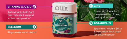 OLLY FLAWLESS COMPLEXION GUMMIES | Promotes Clear and Healthy Skin Support | Vitamins E, A, Zinc | Chewable Supplement | Berry flavor | 50 Gummies Exp 05/2025 - Ome's Beauty Mart