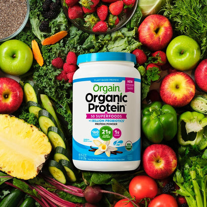 Orgain Organic Plant - Based Protein Powder with 50 Superfoods + Prebiotic | 21g Plant Protein | 24 Servings | Vanilla Bean Flavored , 2.7Lb (1.22kg) Exp 03/2026 - Ome's Beauty Mart