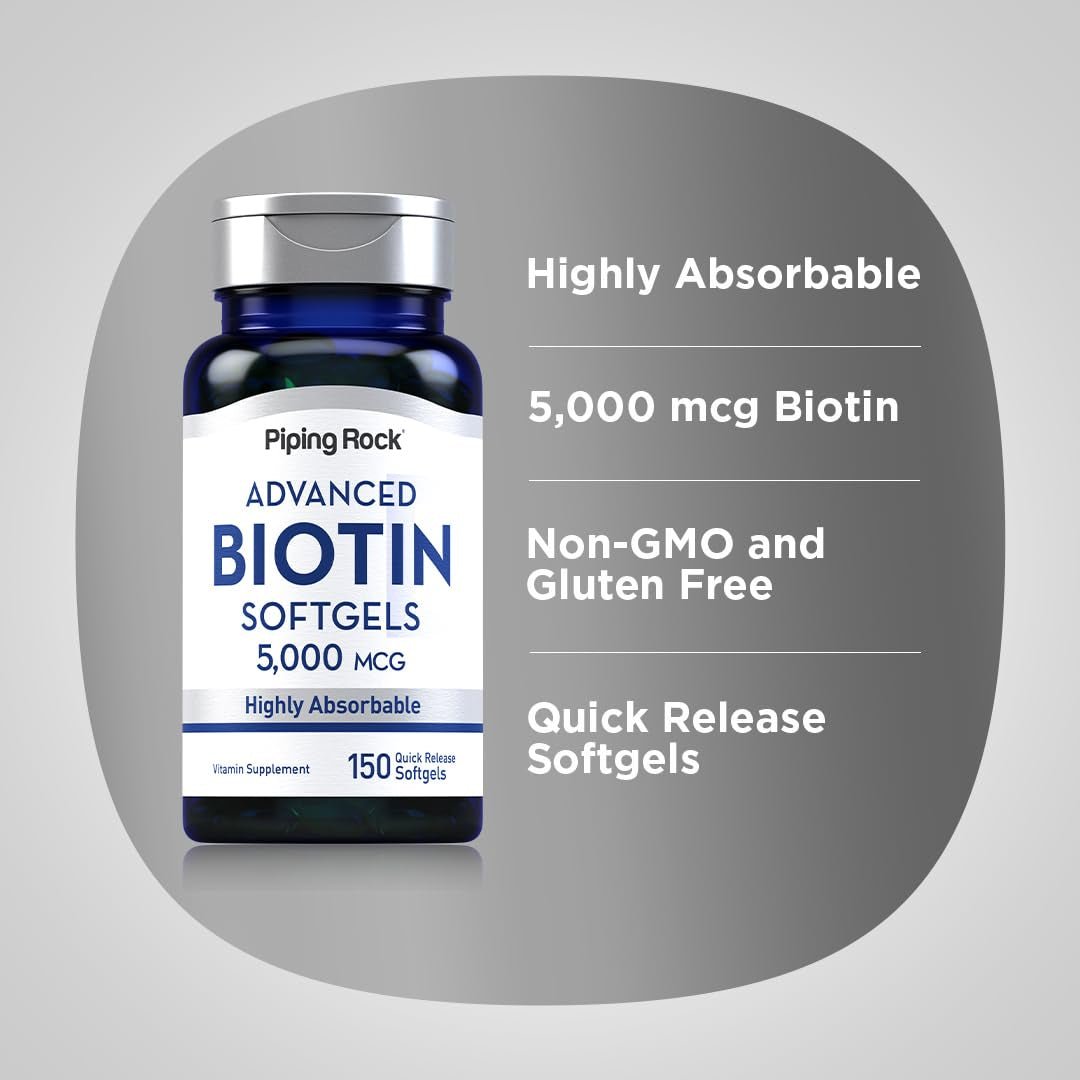 PipingRock Biotin 5000mcg | Highly Absorbable | 150 Quick Release Softgels Exp 04/2027 - Ome's Beauty Mart