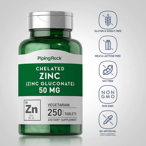 PipingRock Chelated Zinc Gluconate 50mg 250 Tablets Exp 11/2025 - Ome's Beauty Mart