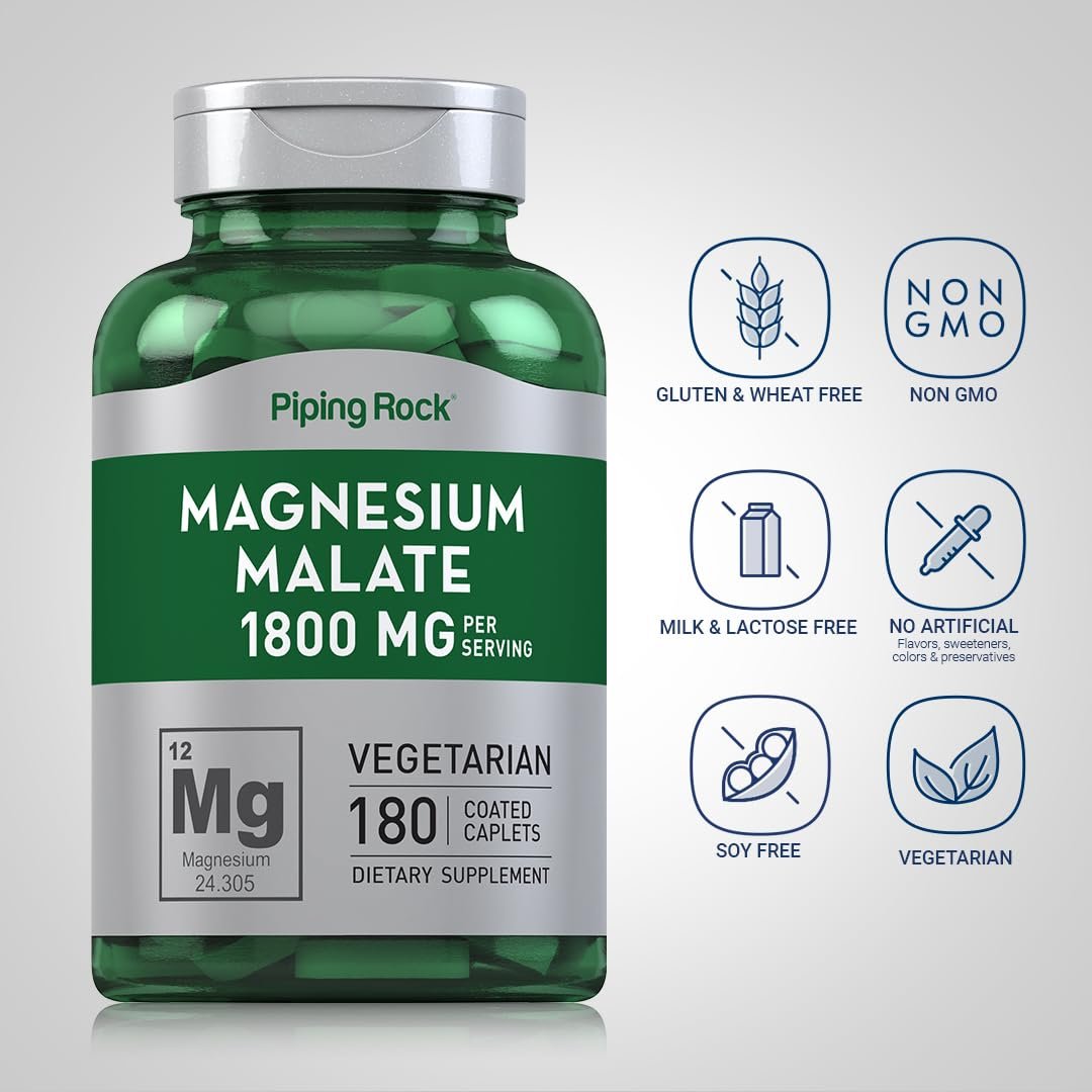 PipingRock Magnesium Malate | 1800 mg | 180 Caplets Exp 10/2026 - Ome's Beauty Mart