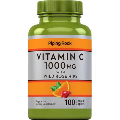 PipingRock Vitamin C 1000 mg with Wild Rose Hips | 100 Coated Caplets Exp 01/2027 - Ome's Beauty Mart