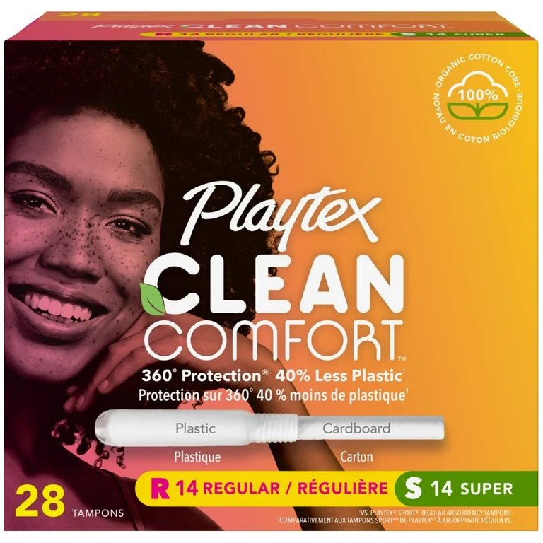 Playtex Clean Comfort Organic Cotton Core Tampons Multipack (14 Regular / 14 Super Absorbency) | Fragrance - Free | 28 Tampons - Ome's Beauty Mart