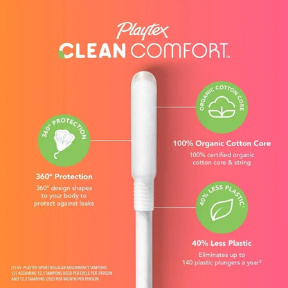 Playtex Clean Comfort Organic Cotton Core Tampons Multipack (14 Regular / 14 Super Absorbency) | Fragrance - Free | 28 Tampons - Ome's Beauty Mart