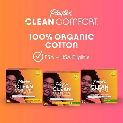 Playtex Clean Comfort Organic Cotton Core Tampons Multipack (14 Regular / 14 Super Absorbency) | Fragrance - Free | 28 Tampons - Ome's Beauty Mart