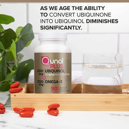 Qunol Plus - Ubiquinol 200mg + Omega-3 250mg | Extra Strength Ubiquinol | 90 Softgels Exp 05/2026 - Ome's Beauty Mart
