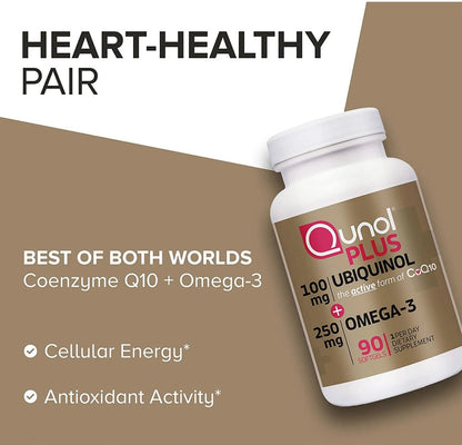 Qunol Plus - Ubiquinol 200mg + Omega-3 250mg | Extra Strength Ubiquinol | 90 Softgels Exp 05/2026 - Ome's Beauty Mart