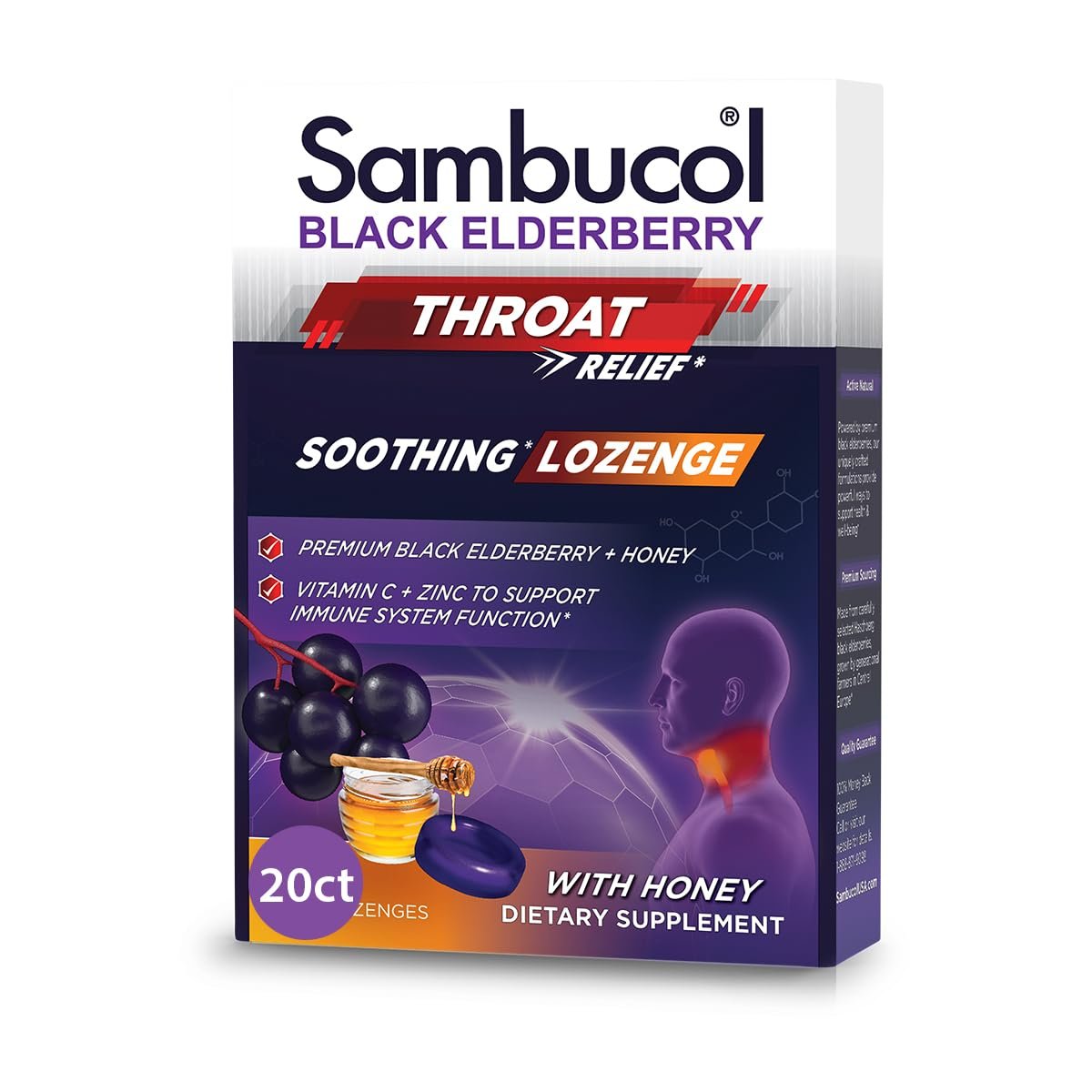 Sambucol Black Elderberry Throat Lozenge - with Honey, Vitamin C & Zinc, Elderberry Lozenges | for Sore Throat & Cough | Soothes Scratchy Throat | 20 Soft Lozenges Exp 09/2026 - Ome's Beauty Mart