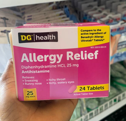 Set of 3packs - DG Health Allergy Relief Diphenhydramine HCL 25mg Antihistamine | Similar to Benadryl Allergy Ultratab Tablets | 24Tablets Exp 06/2026 - Ome's Beauty Mart