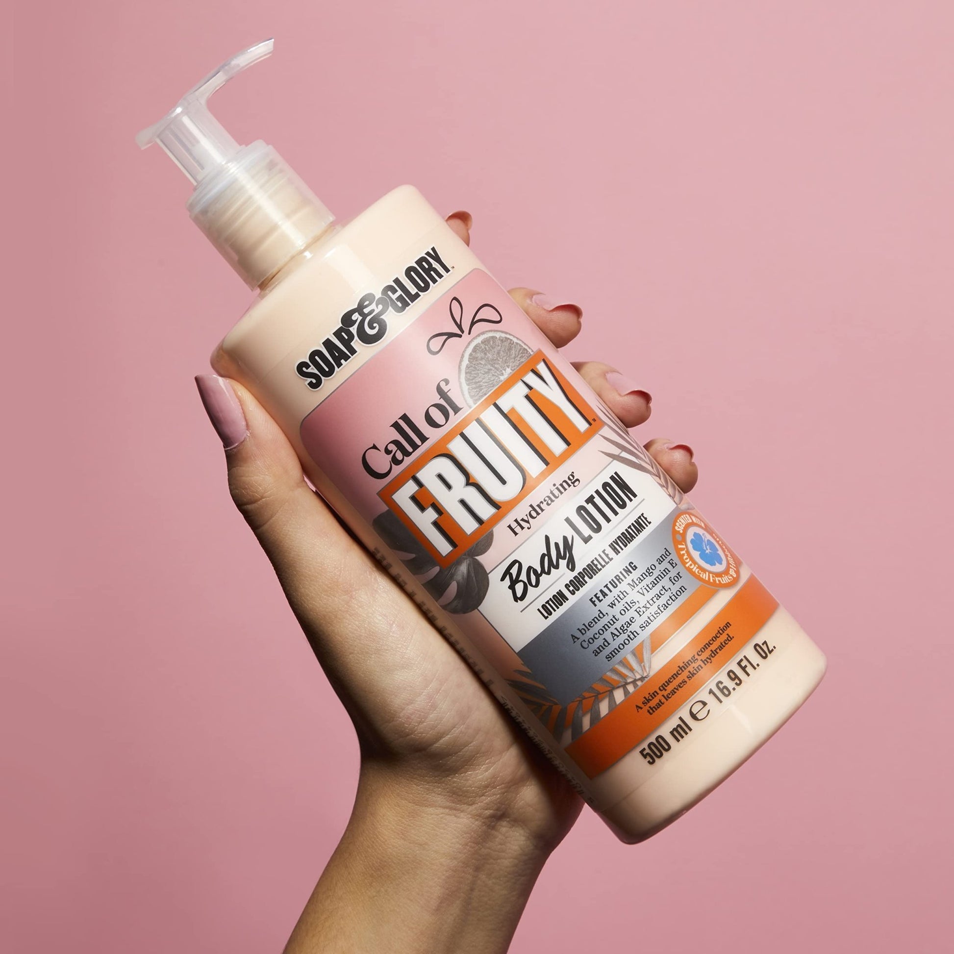 Soap & Glory Call of Fruity Body Lotion - with Vitamin E, Coconut Oil & Aloe Extracts, Tropical Fruits, Juicy Melon & Hibiscus - 16.9oz/500ml - Ome's Beauty Mart