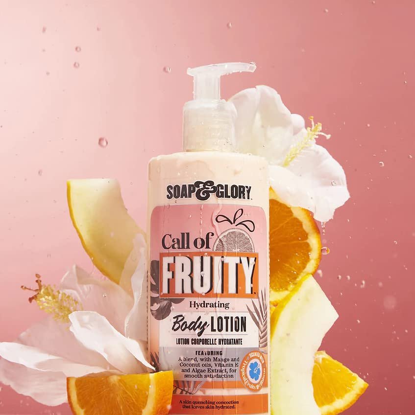 Soap & Glory Call of Fruity Body Lotion - with Vitamin E, Coconut Oil & Aloe Extracts, Tropical Fruits, Juicy Melon & Hibiscus - 16.9oz/500ml - Ome's Beauty Mart