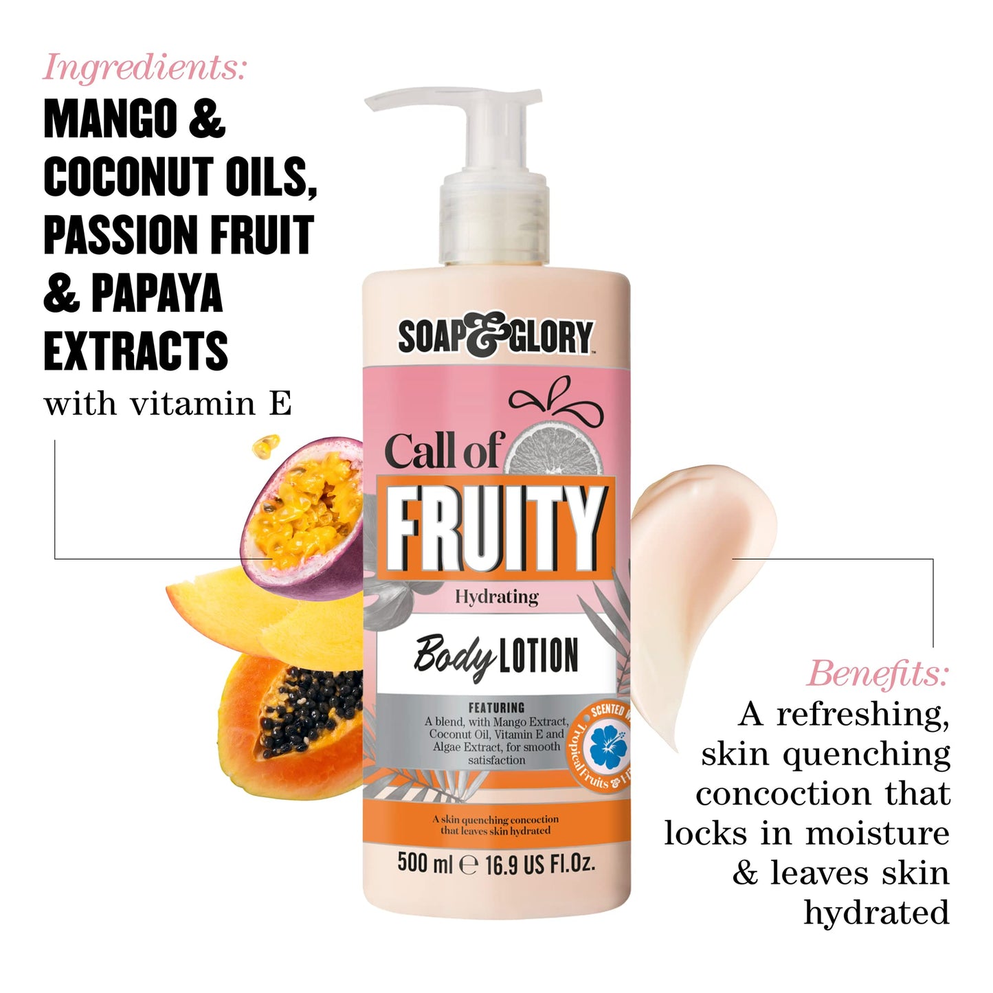 Soap & Glory Call of Fruity Body Lotion - with Vitamin E, Coconut Oil & Aloe Extracts, Tropical Fruits, Juicy Melon & Hibiscus - 16.9oz/500ml - Ome's Beauty Mart