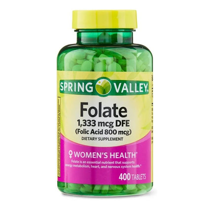 Spring Valley Folate 1,333mcg DFE (800mcg Folic Acid) | Women’s Health | 400 Tablets Exp 12/2026 - Ome's Beauty Mart