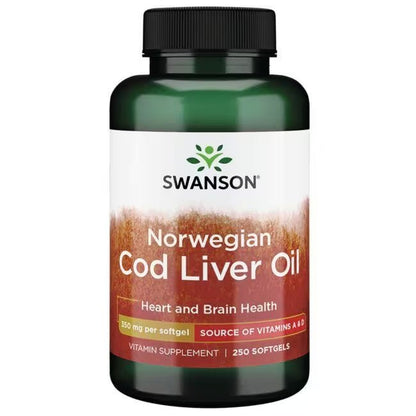 Swanson Norwegian Cod Liver Oil | Promotes Bone, Skin Health, Vision Support & Immune System Function w/High Absorption Vitamin A | 350mg per Softgel | 250 Softgels Exp 02/2026 - Ome's Beauty Mart