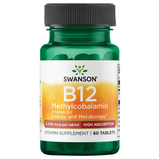 Swanson Vitamin B - 12 Methylcobalamin High Absorption | Supports Nervous System Health & Energy Production | 5000 mcg 60 Tablets Exp 01/2026 - Ome's Beauty Mart