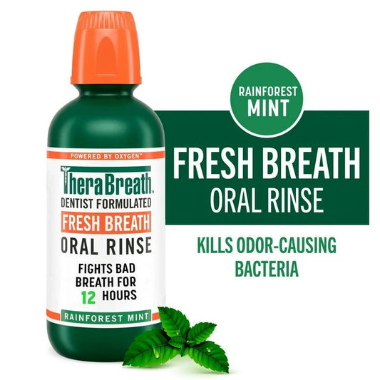 TheraBreath Fresh Breath Mouth Rinse | Alcohol - Free Mouthwash for Adults | Rainforest Mint 16oz 473ml Exp 05/2026 - Ome's Beauty Mart