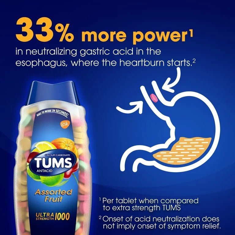 TUMS Ultra Strength Heartburn Relief Chewable Antacid Tablets | 1000mg Calcium Carbonate | Assorted Fruit Flavor | 72 Chewable Tablets Exp 11/2027 - Ome's Beauty Mart