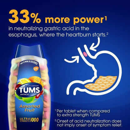 TUMS Ultra Strength Heartburn Relief Chewable Antacid Tablets | 1000mg Calcium Carbonate | Assorted Fruit Flavor | 72 Chewable Tablets Exp 11/2027 - Ome's Beauty Mart
