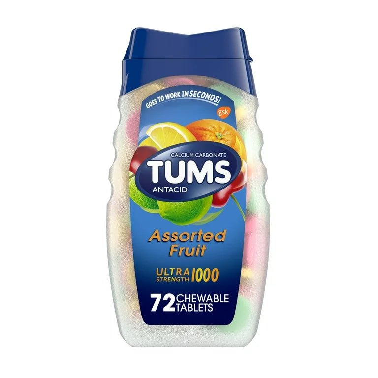TUMS Ultra Strength Heartburn Relief Chewable Antacid Tablets | 1000mg Calcium Carbonate | Assorted Fruit Flavor | 72 Chewable Tablets Exp 11/2027 - Ome's Beauty Mart
