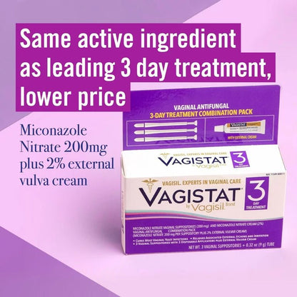 Vagistat by Vagisil 3 - Day Vaginal Antifungal Yeast Infection Treatment Cream, Miconazole Nitrate Combination Pack | 3 Suppositories with 3 Applicators plus External Vulva Cream Exp 07/2025 - Ome's Beauty Mart