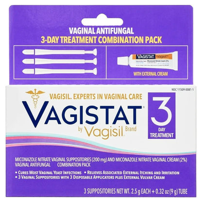 Vagistat by Vagisil 3 - Day Vaginal Antifungal Yeast Infection Treatment Cream, Miconazole Nitrate Combination Pack | 3 Suppositories with 3 Applicators plus External Vulva Cream Exp 07/2025 - Ome's Beauty Mart