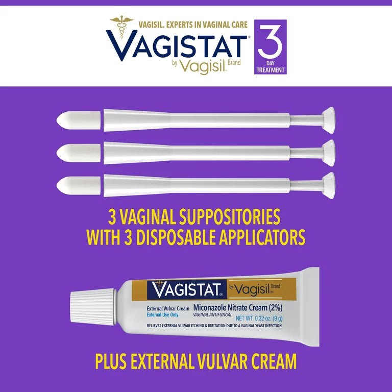 Vagistat by Vagisil 3 - Day Vaginal Antifungal Yeast Infection Treatment Cream, Miconazole Nitrate Combination Pack | 3 Suppositories with 3 Applicators plus External Vulva Cream Exp 07/2025 - Ome's Beauty Mart