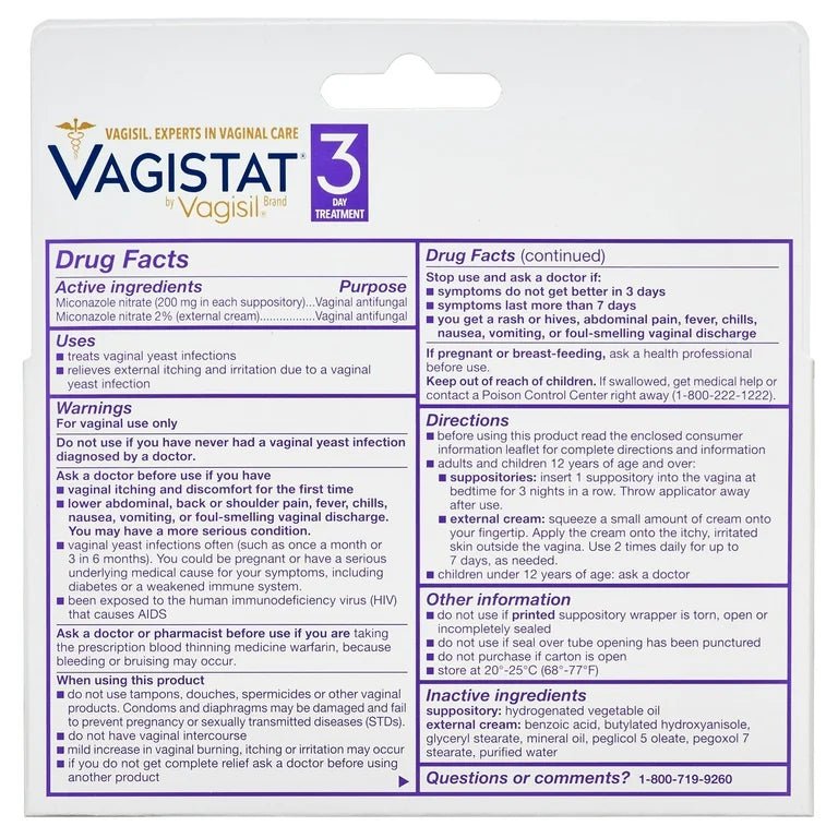 Vagistat by Vagisil 3 - Day Vaginal Antifungal Yeast Infection Treatment Cream, Miconazole Nitrate Combination Pack | 3 Suppositories with 3 Applicators plus External Vulva Cream Exp 07/2025 - Ome's Beauty Mart